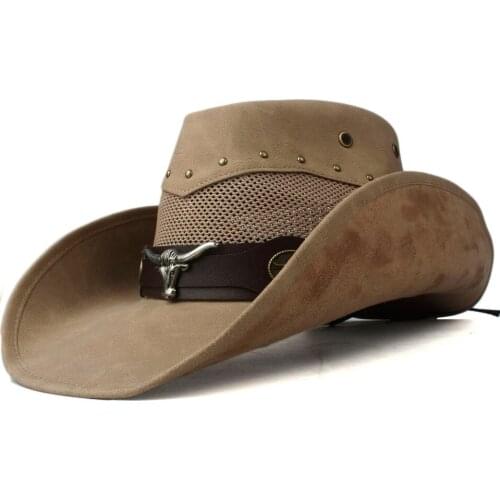 2019 100% Leather Men Women Mesh Western Cowboy Hat Wide Brim Hat Outdoor Sombrero Hombre Cowgirl Hat Newsboy Cap