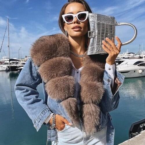 Trendy Fox Fur Denim Jacket Casual Womens Winter Jackets New 2021 Luxury Overcoat Whole Skin Genuine Fox Fur Coat Warm Outwear
