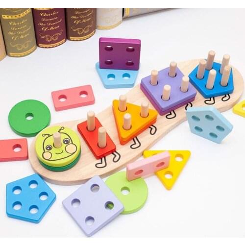 Montessori Kids Geometric Building Blocks Column Stack Game Shape Matching Board Puzzle Toy Toddler Education Cognition Toys