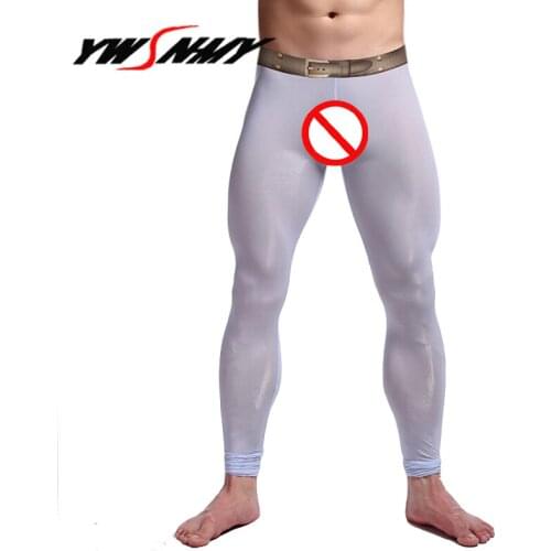Mens Brand Sexy Nylon Transparent Long Johns Printed Fake Belt Homme lce Silk Sheer Leggings Bottoms/Gay Lounge Tights Underwear