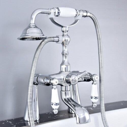 Deck Mounted Polished Silver Chrome Brass Bathroom Tub Faucet Set with 150CM Handheld Shower Spray Head Bath Mixer Tap 2tf767
