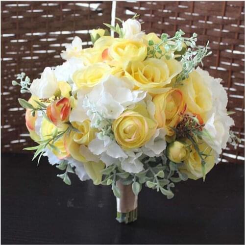 2018 DIY New Creative Romantic Handmade Flower Floral Wedding Bride Holding Flower Bouquet Yellow Hydrangea Rose