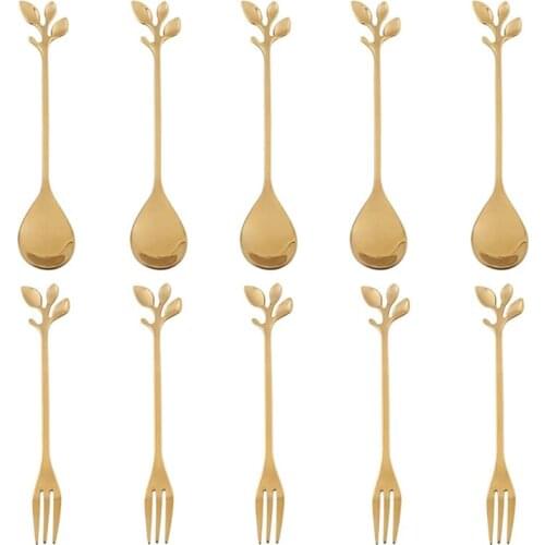 New 5Spoon+5Forks Stainless Steel Leaf Coffee Cake Spoon Fork Dessert Spoons, Stirring Teaspoon Set