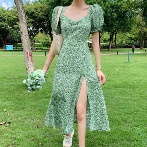 Puff Sleeve Womens Floral Printing Square Neck Sexy Green Midi Dress with Slit High Waist Korean Casual Summer Dresses 2021