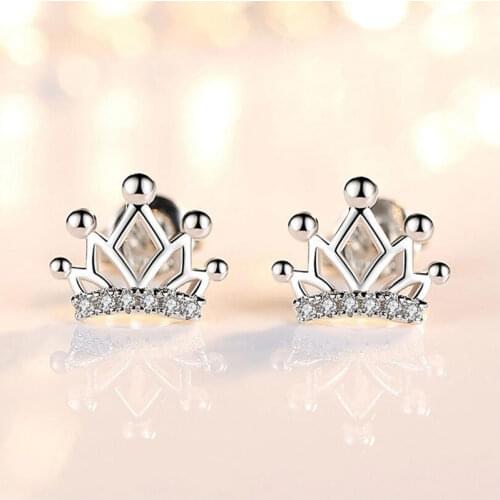 925 Sterling Silver Delicate Tiny Hollow Princess Crown Stud Earrings With Shiny Zircon For Women Girls Earring Jewelry S-E515