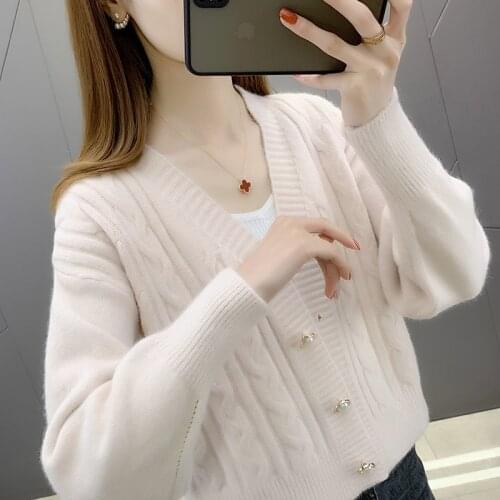 Spring and autumn short knit cardigan womens Korean version of the lantern long-sleeved v-neck sweater western style casual top