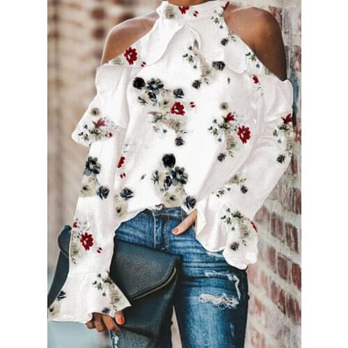 Women Sexy Off Shoulder Floral T Shirt Ruffle Blouse Casual Loose Flower Print Shirt Summer Fashion long Sleeves Clothes