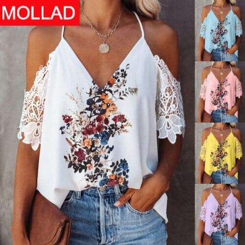 2021 European and American Womens Clothing Shirt New Lace V-neck Backless Floral Print Top