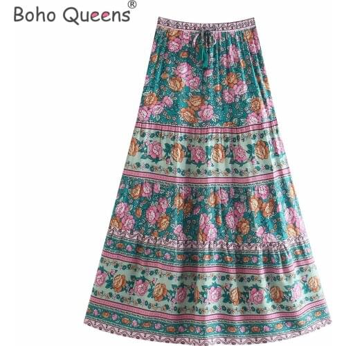 Boho Queens Hippie women pink floral print beach Bohemian pleated skirt ladies High Elastic Waist A-Line rayon Boho Maxi Skirt