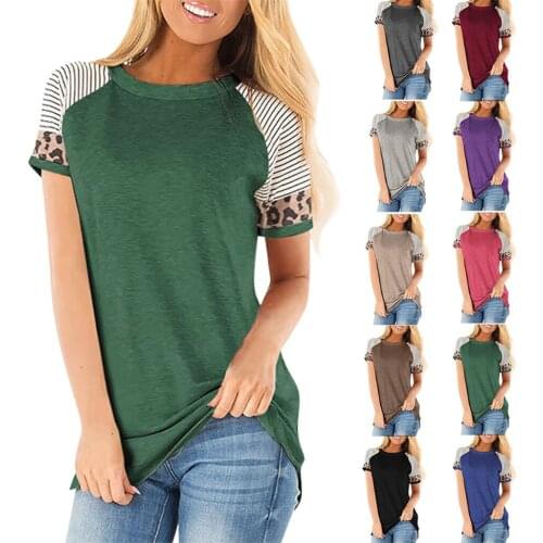 Woman Tshirts New Summer 2021 Ladies Selling Stripe Leopard Splicing Short Sleeve T-shirt Female Harajuku T Shirt Women BX20001