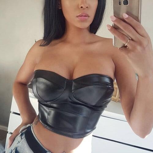 Womens PU Tube Top Crop Top y2k Sexy Top Tight-Fitting Low-Cut Design Camisole Black Top 2021