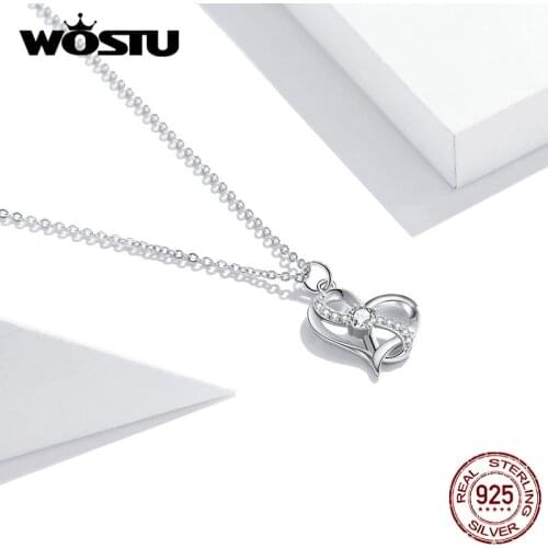 Wostu Infinity Love Necklace 925 Sterling Silver Heart to Heart Necklace for Women Party Wedding Fine Jewelry Gift DXN442