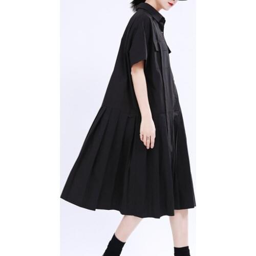 2021 French style single breasted summer shirt dress black white cotton short sleeve loose mid-calf women dress