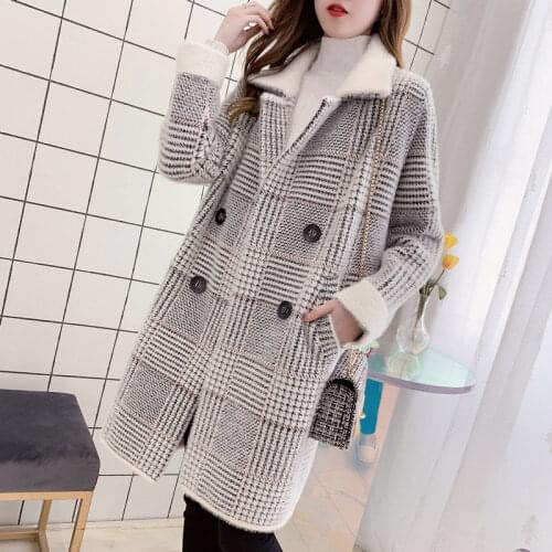 Women 2021 Autumn Winter New Imitation Mink Velvet Plaid Coats Female Loose Sweater Jackets Ladies Thick Warm Cardigans Y729
