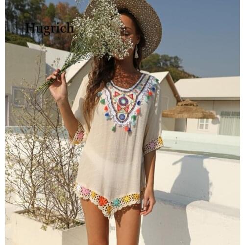 Womens Ethnic Style Colorful Embroidery Hook Stitched 5-Sleeve Loose Beach Blouse 2021 New Dress