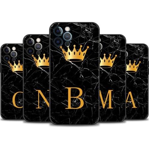 Gold Crown Letter Queen A-N Case For Apple iPhone 12 11 pro max XS XR X Max Cover Black Fundas for iphone 7 8 6 plus 6s