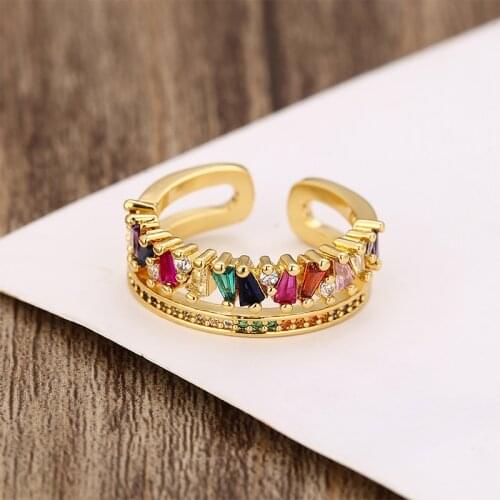 Exquiste Womens gold cz ring adjustable rainbow ring zircons Multicolored crystal copper ring jewelry gift for women