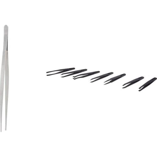 1x Straight Point Tip Metal Magnetic Long Tweezer 30cm & 7 x Tweezers Set Antistatic Hard Plastic Repair Tool Black