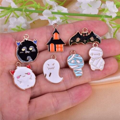 10pcs/pack Halloween Bat Castle Evil Enamel Metal Charms Pendant Earring Bracelet DIY Necklace Jewelry Making
