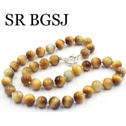 Free Ship 10mm Genuine Gold Tiger Eye Handmade Round Beads Knot Women Fashion Necklace Strand 17.5"