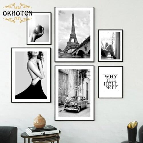 Black and White Nordic Poster Paris Tower Car Woman Legs Vintage Canvas Painting Wall Art Pictures for Living Room Home Decor