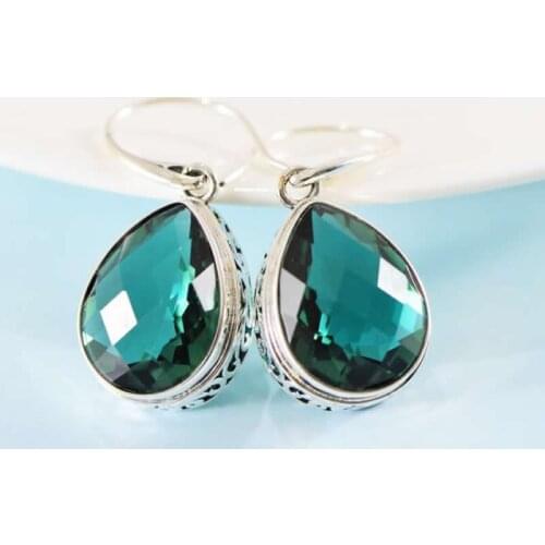 Pure S925 Silver Earrings Women Green Crystal Dangle Earrings Vintage Earrings