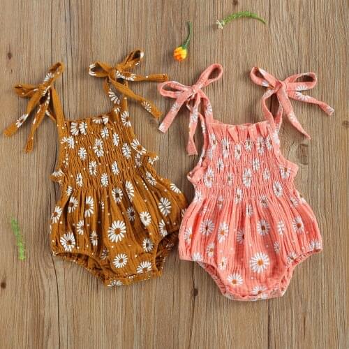 Infant Camisole Romper with Daisy Flower Print Adjustable Shoulder Strap, Elastic Band Summer Clothing