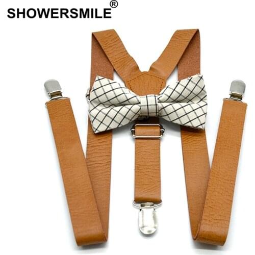SHOWERSMILE Women Leather Suspenders Khaki Men Suspenders With Bow Tie British Style Solid Unisex Y Back Adjustable Pants Strap