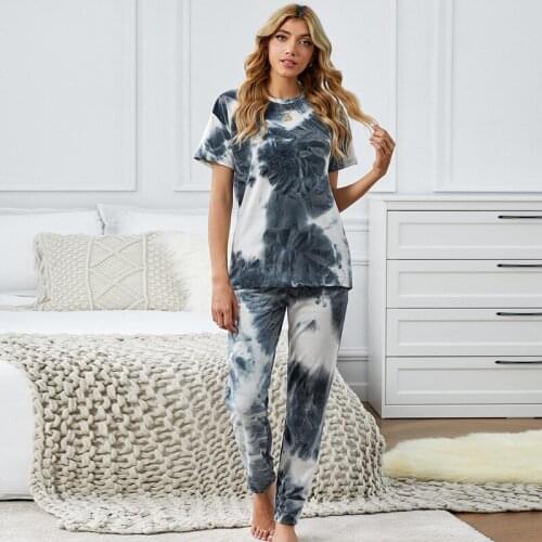 2021 Fashion Tie Dye Pajama Set for Women Short Sleeve Sleepwear Female Trendy Night Suit O-Neck Night Wear Soft Home Clothing