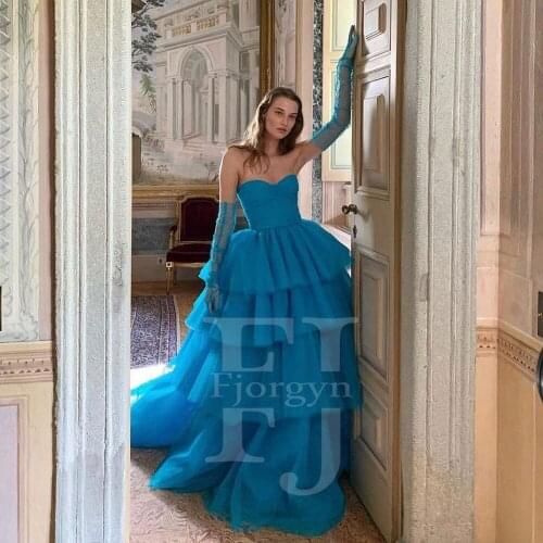 Attractive Sweetheart Feminine Blue Tulle Evening Gowns Tiered A-Line Formal Dress Custom Made Sweep Train Prom Gown