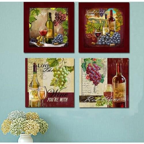 4 Piece Modern Kitchen Grape Red Wine Cup Bottle Canvas Paintings Wall Art Set Bar Dinning Decor Wall Picture for Living Room