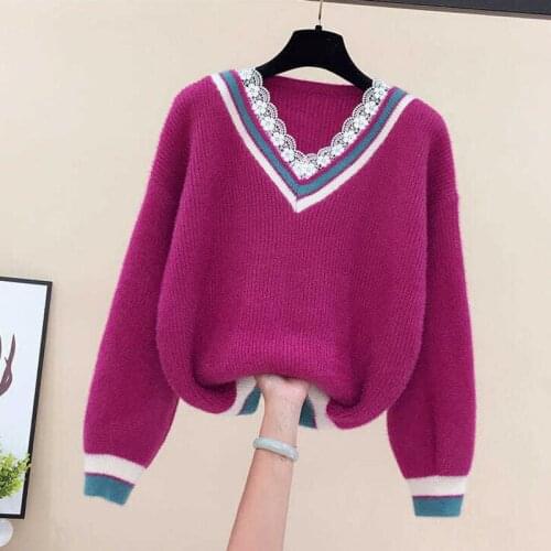 Spring Sweater Womens Lace V-neck Pullover 2021 Autumn New Loose Short Knit Sweater Top Fashion Long Sleeve Pullover Female