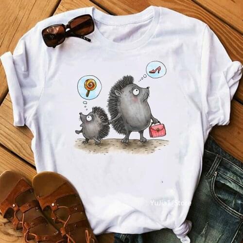 Hedgehog mother and baby printed funny t shirts women harajuku kawaii tshirt summer tee shirt femme camiseta mujer tops clothes