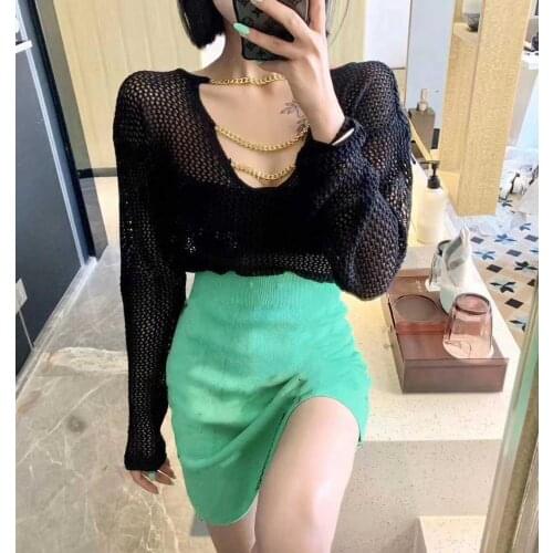 Womens Chain Knitwear Autumn Sexy Hollow Out Pullover Sweater Front And Rear Wear Long-Sleeved Thin See-Through Knitting Shirt