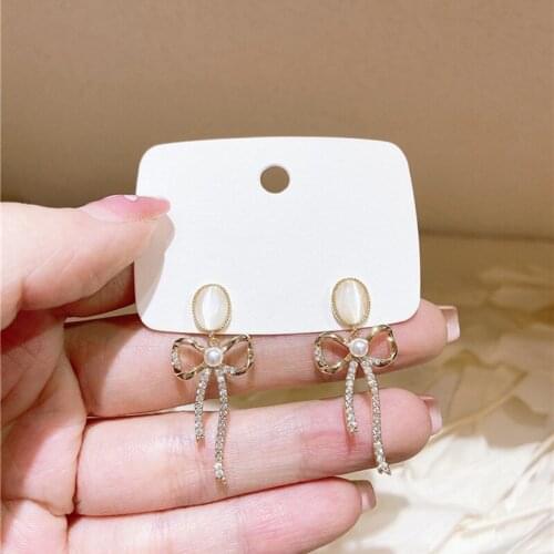 Pearl Opal Rhinestone Bowknot Dangle Earrings for Women Korean Trendy Elegant Dangle Earrings Female Delicate Drop Earrings Gift