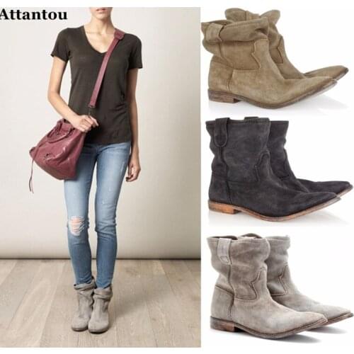 Attantou Women Ankle Boots Suede Autumn Shoes Flat Nubuck Leather Retro Distressed Biker Boots Women Motorcycle Boots Shoes Cool