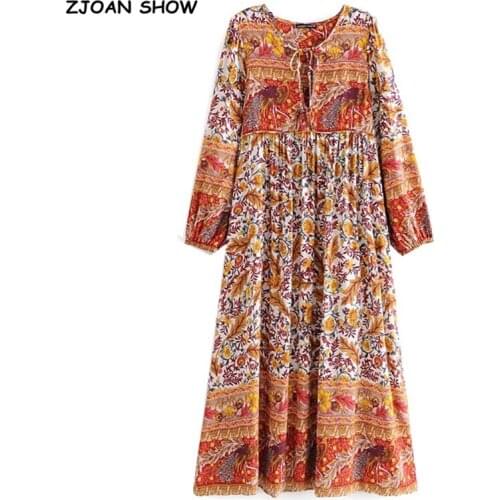 2020 Autumn Bohemian Lace up V neck Floral Peacock Print Maxi Long Dress BOHO Hippie Woman Bandage Long Sleeve Dresses Vestido