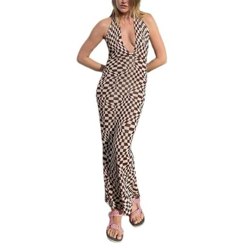 Women Close-fitting Sleeveless Dress for Female Brown Plaid Printed Pattern Deep V-neck Summer 2021