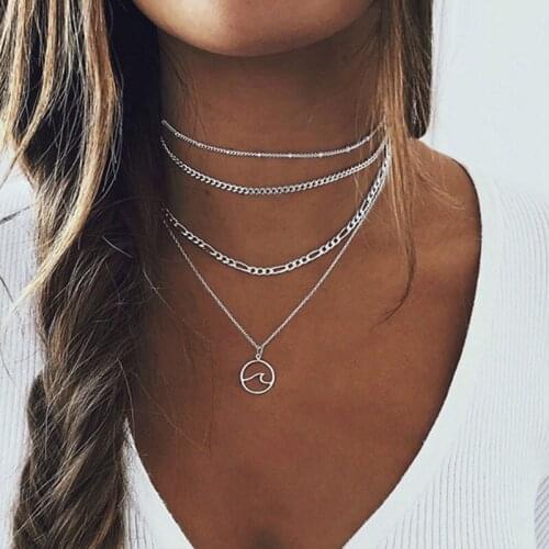 Simple Vintage Sea Wave Pendant Necklace for Women Multilayer Thick Chain Geometric Clavicle Necklace Jewelry Kolye YN1551