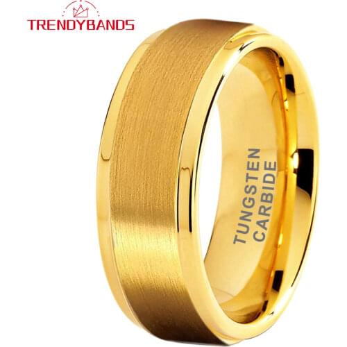 8MM Gold Mens Womens Tungsten Carbide Rings Wedding Bands Stepped Edges Brushed Finish Comfort Fit