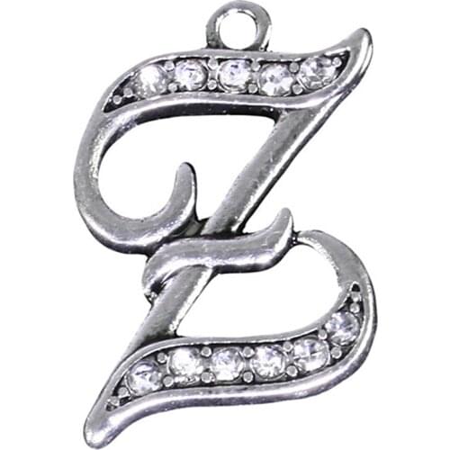 Double Nose Antique Silver Plated Clear Crystal 26 English Letters A-Z Alphabet Words Z Charms & Pendants