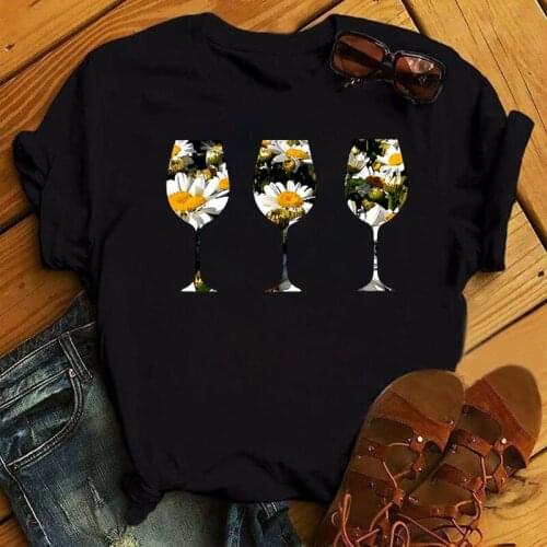 Flower Wine Glass Print T Shirt Women Fashion Harajuku T Shirt 90s girls Casual Tops Female Ladies Cute Short Sleeve Tee Shi