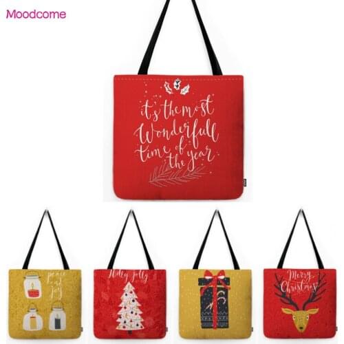 Red Joyous Christmas Art Baby Animal Bear Penguin Cotton Linen Tote Bag Water Resistant Shoulder Bag Xstyle
