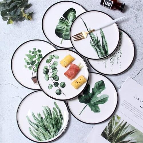 Creative Ceramic Plates Nordic Style Green Plant Pattern Decoration Dish Home Kitchen Round Food Salad Steak Breakfast Tableware