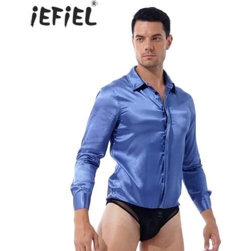 Men Long Sleeve Patchwork Bodycon Jumpsuits Turn-down Collar Button Shirt Tops See-through Mesh Underwear One-piece Sleepwear