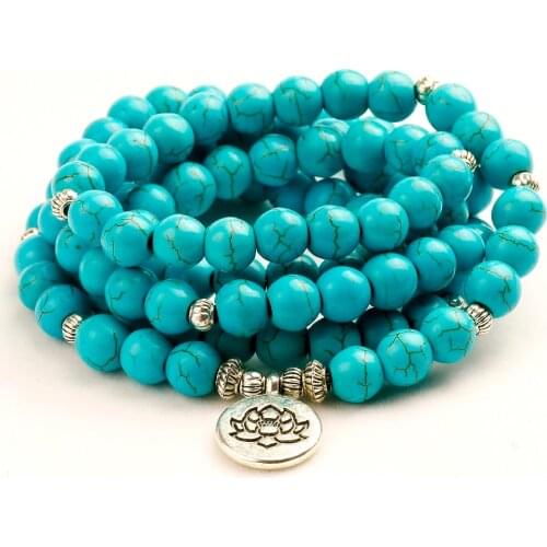 Men 8mm Howlite Lotus Bracelet or Necklace Stone 108 Beads Buddha Tree Life Charms Bracelet Women Couple Jewelry Gift for Girls