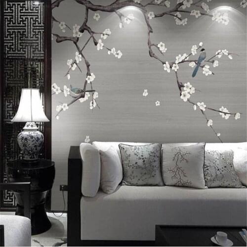Milofi wall custom 3D wallpaper mural new Chinese hand-painted flower and bird TV bedroom background wall hand-painted plum