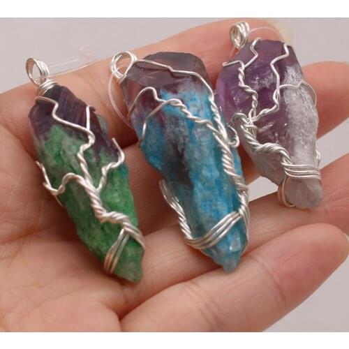 Natural Semi-precious Stone Irregular Crystal Buds Winding Silver Thread Multicolor Gradient Pendant MakingDIY Necklace Jewelry