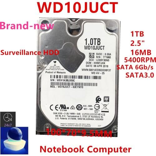 New HDD For WD Brand Black 1TB 2.5" SATA 6 Gb/s 16MB 5400RPM For Internal Hard Disk For Notebook Monitoring HDD For WD10JUCT