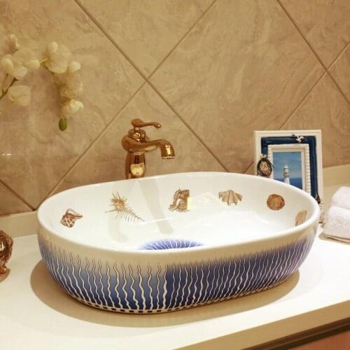 Mediterranean Europe Vintage Style oval Ceramic Washing Basin Bathroom Counter top Bathroom Sink hand washbasin flower shape